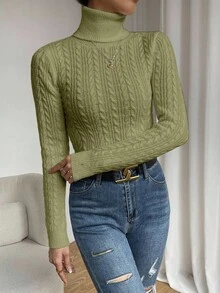 EMERY ROSE Casual Solid Color Turtleneck Sweater, Autumn/Winter - Army Green - View 5