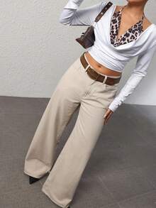 SHEIN ICON 女式高腰口袋阔腿宽松休闲牛仔裤 - 白色 - 查看 5