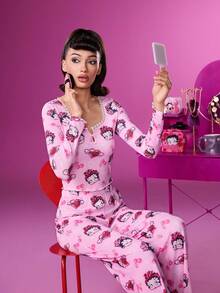 Betty Boop x SHEIN 女士卡通人物图案长袖上衣和裤子睡衣套装 秋冬服装 - 粉色 - 查看 1