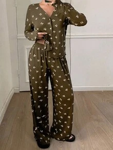 DAZY 蝴蝶结印花全身印花女士睡衣套装 秋冬服装 - 橄欖綠 - 查看 3
