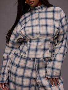 MUSERA 大码格纹高领收腰长袖上衣，日常休闲酷女孩街头风，适合节日、假日、派对、春夏复活节等场合。 - 彩色 - 查看 6