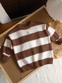 LMoss Kids LMoss 1pc Young Boys Korean Style Cute Casual Striped High Neck Oversized Warm Sweater, Can Be Worn Under Or Outerwear, Suitable For Outings, School, Daily Gatherings, Christmas, Autumn/Winter Red And White Sweaterkids Knit Sweaterstriped Sweater - Brown - View 3