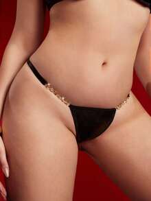 EmpressEnvy 女式闪亮 PU 皮革链饰性感黑色朋克丁字裤 - 黑色 - 查看 5