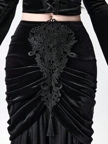 ROMWE EDITION Damen Vintage Palast Romantisch Gotisch Samt Kontrast Spitze Rock