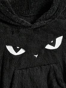 ROMWE Goth 深哥特黑猫刺绣保暖内衬休闲连帽长袖女式运动衫，秋冬款 - 黑色 - 查看 3