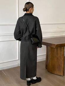 Livesso Women's Autumn/Winter Wool Blend Jacket And A-Line Skirt Two Pieces Suit, Loose Fit Business Casual Commuter Fashion