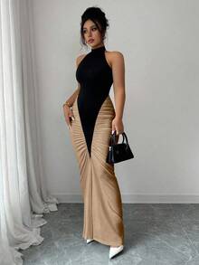 Elenzga Plus Size Women's Black & Brown Color Block Halter Neck Cinched Waist Mermaid Hem Elegant Maxi Dress, Suitable For Commuting And Daily Wear