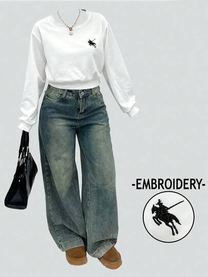 INAWLY Cropped Round Neck Embroidered Casual Pullover Sweatshirt