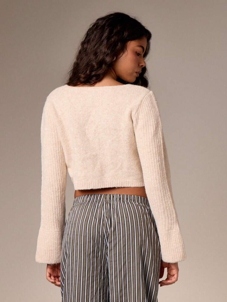 Cropped Pearl Button Cardigan With Flare Sleeves