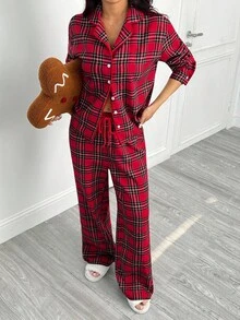 SHEIN PETITE Dames Nachtmode Pyjama Set Check Red Top And Pants Twill, Christmas - Burgundy - View 3