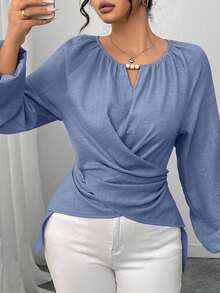 Elenzga 女式串珠裹身式束腰衬衫，秋冬 - 霧霾藍 - 查看 3