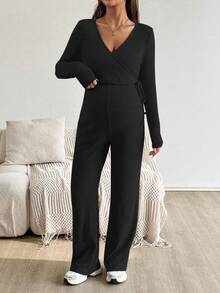 SHEIN Pregnant Women's Casual Everyday Commute Simple Solid Color Surplice Neck Wrap Knot Side Nursing T-Shirt And Pants Set, Spring/Autumn