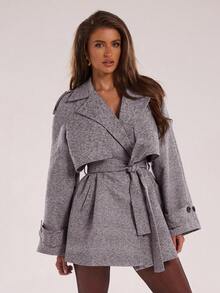 SHEIN BAE 秋冬时尚格纹宽松休闲短款毛呢外套 - 紫色 - 查看 6