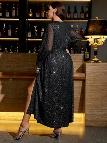 SHEIN Clasi 大码女式闪亮重叠V领长袖开衩优雅简约连衣裙 - 黑色 - 查看 3