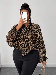 Maweii Plus Size Women Elegant Leopard Print Chiffon Fabric Front Tie Bow Collar Puff Sleeve Blouse, Fashion Design For Party, Night Date, New Autumn Long Sleeve Shirt