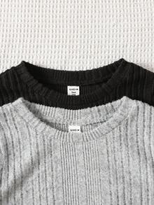 SHEIN 2pcs/Set Teen Girls' Solid Color Round Neck Fitted Casual Black&Grey Knit Dress Set,Rib Shirt Teens Jumpers Dress For Autumn,Graduation,Holiday - Multicolor - View 4