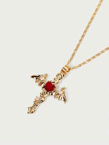 Glisma 18K 镀金复古优雅锆石心形和十字架吊坠项链、派对、夜总会、购物、复古、高级、锆石、水钻、十字架、西方珠宝、老钱、服装、哥特式/哥特、魅力项链、宝石、秋季/秋季/冬季、适合妈妈/女士/女孩/母亲、万圣节高级款 - 紅色 - 查看 4