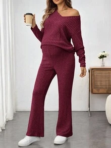 SHEIN 2件套孕妇休闲保暖罗纹长袖上衣和裤子套装，秋冬 - 酒紅色 - 查看 4