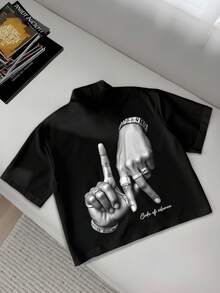 StoneGrade Áo sơ mi nam tay ngắn in họa tiết LA Letter Gesture phong cách đường phố in toàn thân - màu đen - Xem 1