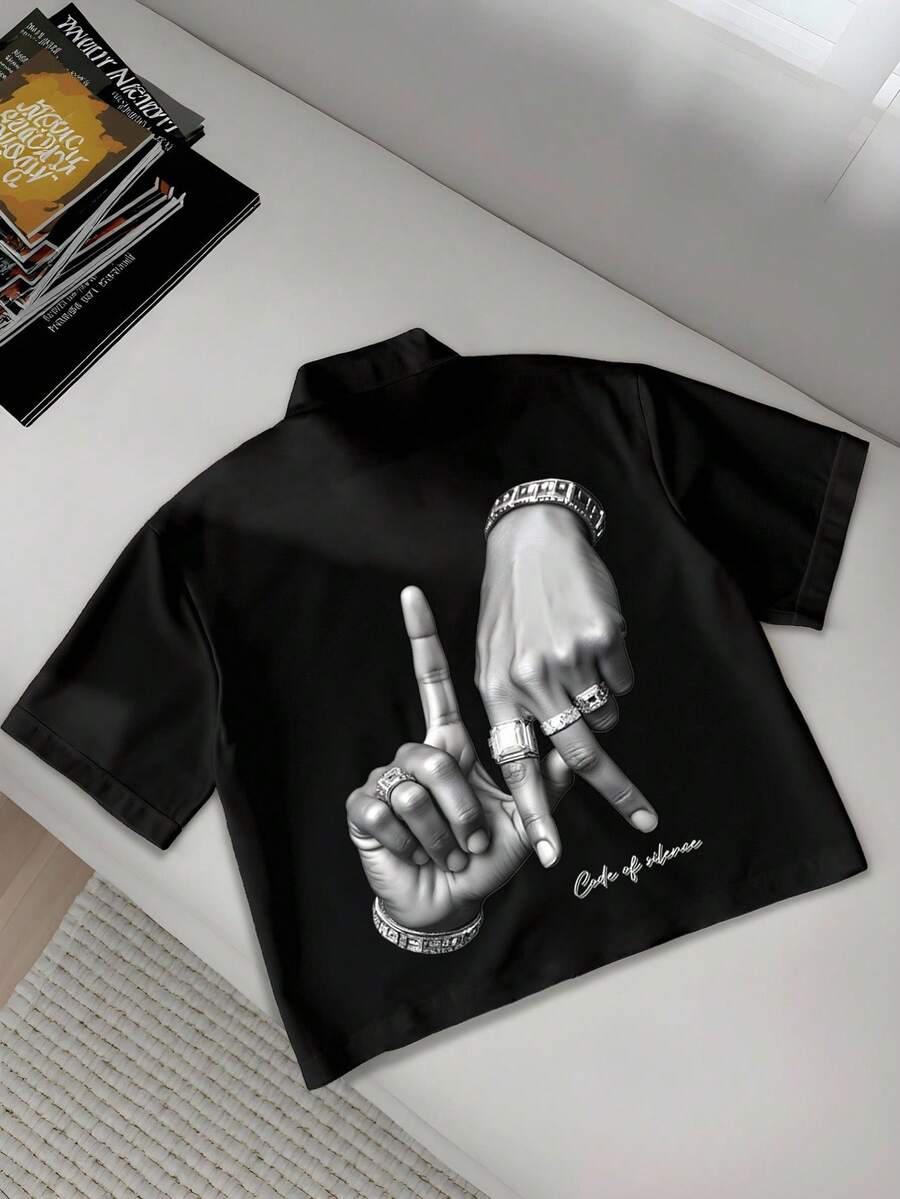 StoneGrade Áo sơ mi nam tay ngắn in họa tiết LA Letter Gesture phong cách đường phố in toàn thân - màu đen - Xem 1