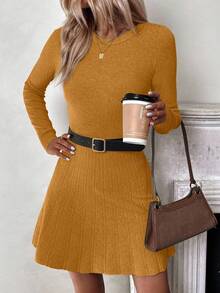 SHEIN LUNE Casual Solid Color Knit Dress, Versatile For Autumn/Winter - Ginger - View 3