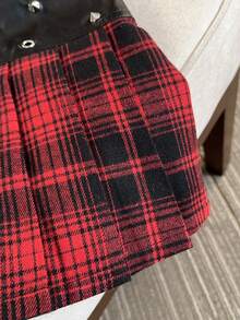 Christmas Red And Black Retro Plaid Star Rivet Leather Splicing Half-Length Women's College Style Miniskirt - Multicolor - View 5
