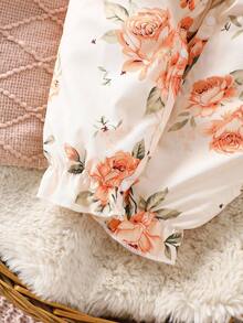 SHEIN Bộ đồ liền thân dài tay in họa tiết hoa viền bèo nhún cho bé gái kèm nơ trang trí - Hồng - Xem 5