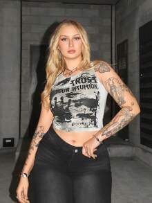 Arliah Tie-Dye Eyes Letter Print Tank Top, School - Multicolor - View 5