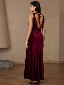 Aveloria Rosie Tkanina aksamitna, głęboki dekolt z ozdobnym węzłem, elegancka sukienka bez rękawów z wiązaniem w talii, stylowa i uniwersalna