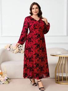 Modelyn Plus Size Women Floral Print V-Neck Lantern Sleeve Loose Elegant Dress