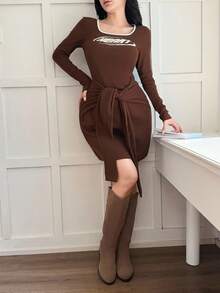 Feyla Women's Letter Print Trim Square Neck Long Sleeve Tie Waist Fitted Mini Dress - Brown - View 6