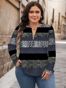 SHEIN LUNE Casual Striped Colorblock Pattern Loose Fit Half-Zip Round Neck Long Sleeve T-Shirt, Suitable For Spring & Autumn - Navy Blue - View 4
