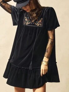 Bohemela 女式休闲纯色针织V领迷你连衣裙 - 黑色 - 查看 5