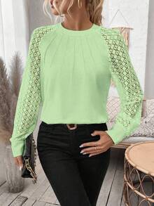 EMERY ROSE Women's Solid Color Minimalist Daily Wear Round Neck Hollow Long Sleeve Blouse - Mint Green - View 5
