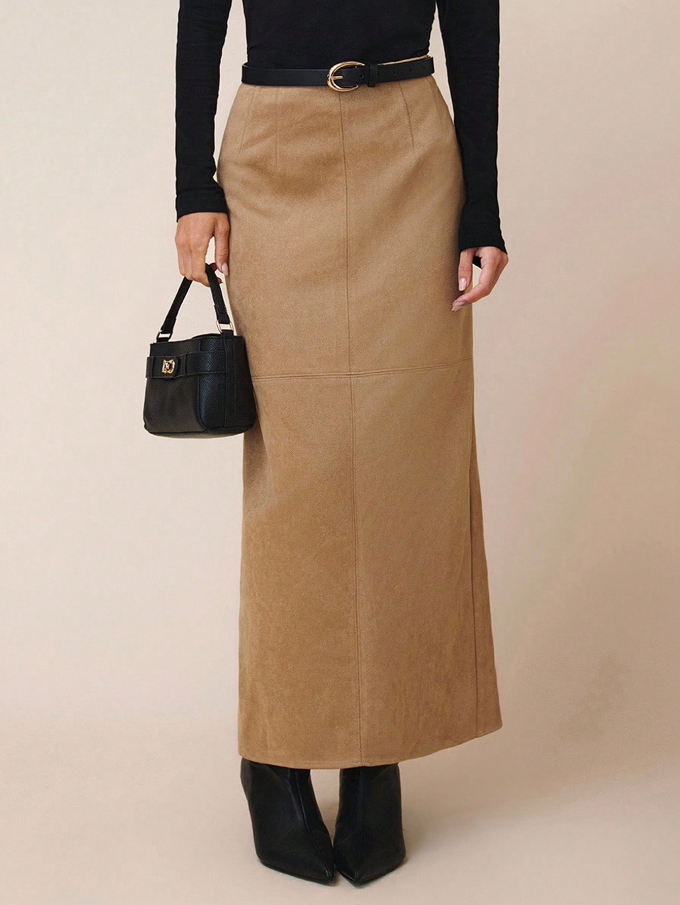 Camel suede midi skirt