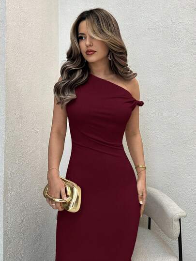 Jemour Vestido de punto con abertura lateral y hombros descubiertos en unicolor para mujer