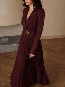 Aveloria Rosie Intellectual Elegant Commuter Style Mandarin Collar Pleated Hem Belted Long Sleeve Dress