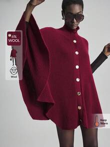 Ontre Áo len Poncho len pha nút màu trơn đơn giản dành cho nữ, Thu/Đông - Màu Đỏ Sâu - Xem 1