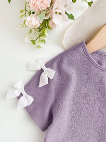 SHEIN 2 Stücke Baby Mädchen süßes gestricktes lila Schleife Dekor Kurzarm T-Shirt und Hose mit elastischem Bund Set, Sommer - Violett - Übersicht 7