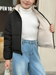 SHEIN Áo khoác đệm 2 trong 1 có thể đảo ngược, phù hợp cho bé gái tuổi teen mặc thường ngày, trở lại trường, lễ nghi, mặc hàng ngày, đi học, du lịch, thể thao, mùa đông - Đen và trắng - Xem 9