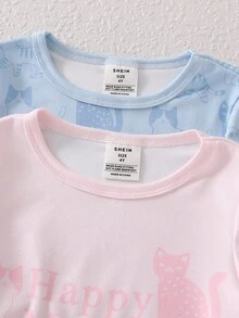 少女可爱猫咪印花长袖上衣和紧身裤睡衣套装，粉色和蓝色 - 彩色 - 查看 7