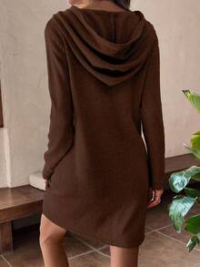 EMERY ROSE 女式休闲纯色抽绳连帽毛衣裙，秋冬 - 棕色 - 查看 2