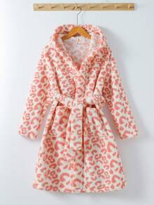 Girls' Comfortable Soft Leopard Print Long Sleeve Hooded Long Robe Loungewear - Baby Pink - View 3