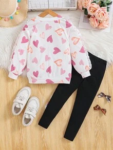 2pcs Young Girls Knitted Textured Digital Print Cute Heart Pattern Layered Colorful T-Shirt Set, With Floral Trim Sleeves Design, Suitable For All Seasons - Multicolor - View 2