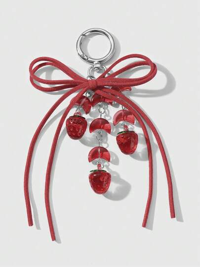 Kawaii 1pc Chic & Fashionable Bow, Resin Crescent Moon & Strawberry DIY Keychain, Versatile Accessory Suitable For Women, Gift For Holidays