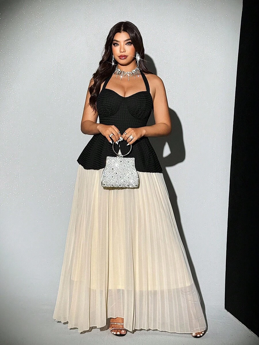 Viva Relle 大码女式优雅设计撞色拼布针织 3D 提花面料褶皱露背蝴蝶结雪纺派对礼服，适合派对、生日、婚礼、舞会、毕业典礼、夜间约会、新款无袖长裙 - 彩色 - 查看 1