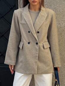 DAZY 女士加厚大衣，翻领，双排扣口袋，保暖冬装外套 - 駝色 - 查看 7