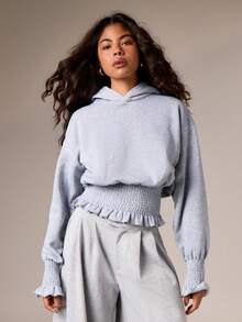 AiiRZ 褶饰腰部短款连帽衫，带荷叶边下摆细节，长袖宽松休闲秋冬春季家居服时尚 - 灰色 - 查看 1