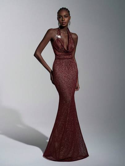 Elitara Fashionable, Sexy, Avant-Garde, Mesh, Shiny, Luxurious, Crimson Red, Knit Fabric, Plunging Neckline, Metal Decor, Bodycon, A-Line, Suitable For Nightclub, Party, Vacation, Cocktail Party, Check-In, Cocktail Dress