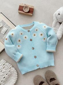 Blossori Young Girls' French Elegant Floral Pattern Front Button Knit Cardigan,Cozy Fall & Winter Styles, Children Cardigan, Kids Sweaters For Girls Button, Kids Cardigan, Blue Cardigan - Blue - View 1